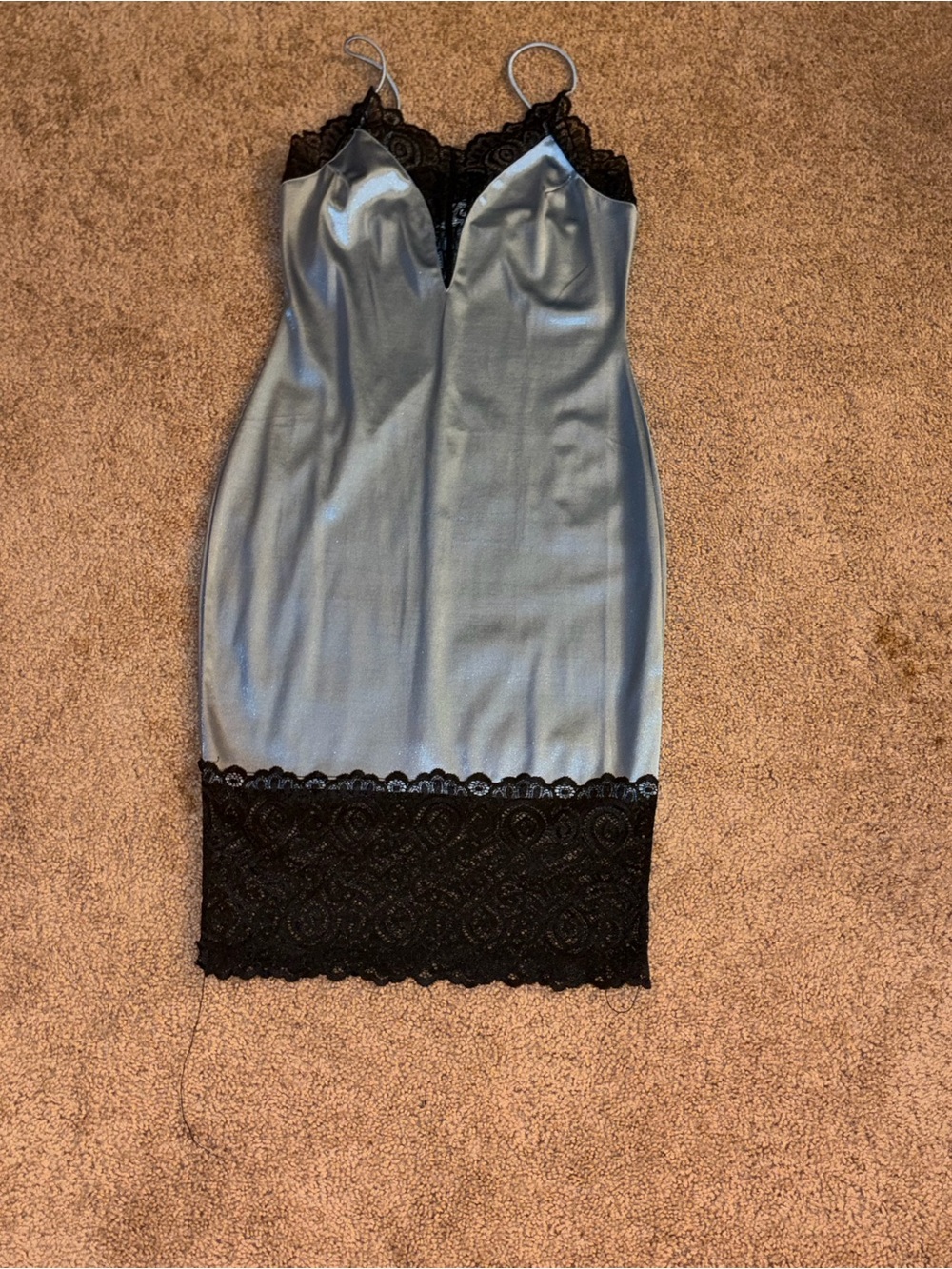 Fashionnova Blue Satin Slip Dress with Black Lace Trim - Size M